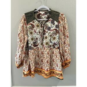 UMGEE Women's Mixed Florals Paisley Satin Babydoll Flowy Tie Front Size L Blouse
